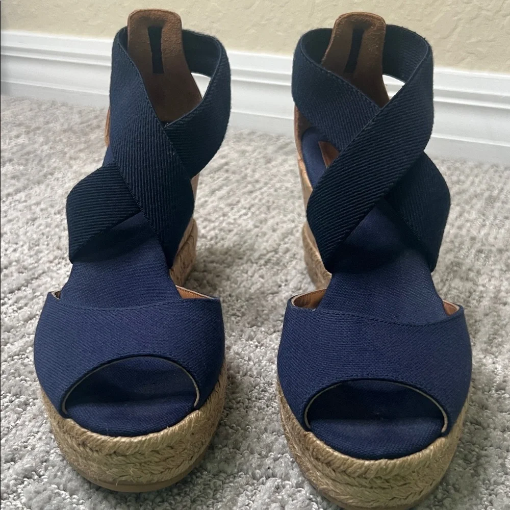 Tory Burch Natanya Wedge Espadrille Sandals Navy Blue